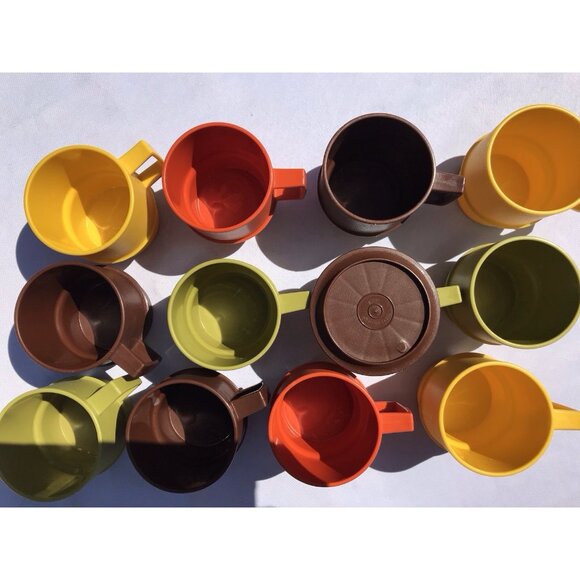 VTG Tupperware 1312 Stacking Coffee Cups Harvest MCM Orange Green Gold Brown Set - Picture 12 of 16